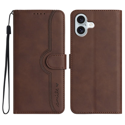 For iPhone 16 Plus Heart Pattern Skin Feel Leather Phone Case(Brown) - iPhone 16 Plus Cases by buy2fix | Online Shopping UK | buy2fix