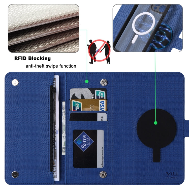 For iPhone 15 Plus ViLi GHB Series MagSafe Magnetic Zipper Leather Phone Case(Blue) - iPhone 15 Plus Cases by ViLi | Online Shopping UK | buy2fix