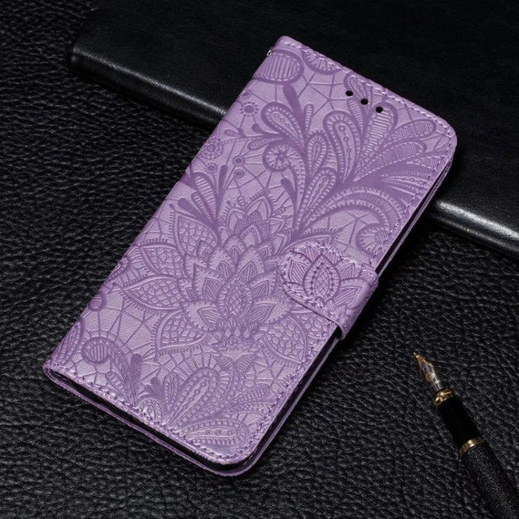 For iPhone 16 Plus Lace Flower Embossing Flip Leather Phone Case(Purple) - iPhone 16 Plus Cases by buy2fix | Online Shopping UK | buy2fix