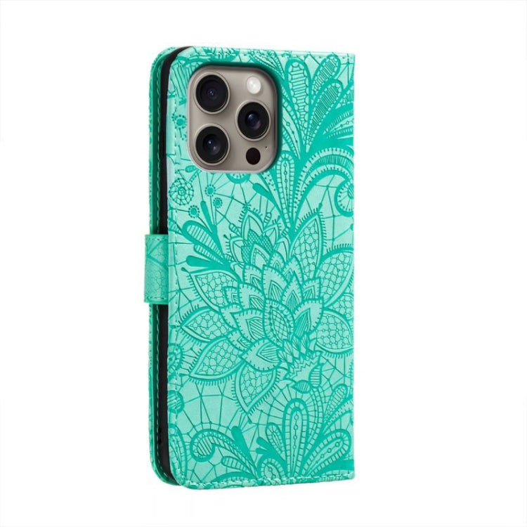 For iPhone 16 Pro Max Lace Flower Embossing Flip Leather Phone Case(Green) - iPhone 16 Pro Max Cases by buy2fix | Online Shopping UK | buy2fix