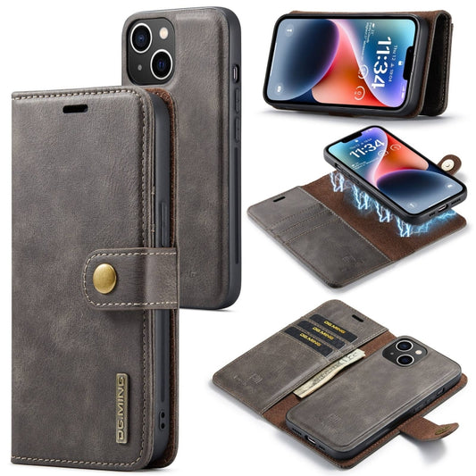 For iPhone 15 DG.MING Crazy Horse Texture Detachable Magnetic Leather Phone Case(Grey) - iPhone 15 Cases by DG.MING | Online Shopping UK | buy2fix