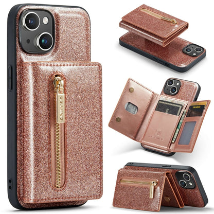 For iPhone 15 DG.MING M3 Series Glitter Powder Card Bag Leather Phone Case(Rose Gold) - iPhone 15 Cases by DG.MING | Online Shopping UK | buy2fix