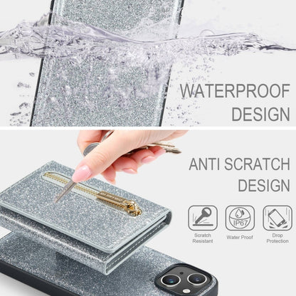 For iPhone 15 Plus DG.MING M3 Series Glitter Powder Card Bag Leather Phone Case(Silver) - iPhone 15 Plus Cases by DG.MING | Online Shopping UK | buy2fix