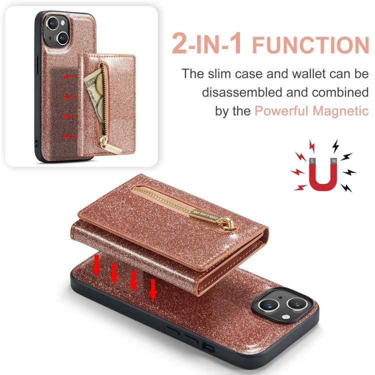 For iPhone 15 Plus DG.MING M3 Series Glitter Powder Card Bag Leather Phone Case(Rose Gold) - iPhone 15 Plus Cases by DG.MING | Online Shopping UK | buy2fix