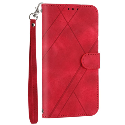 For iPhone 16 Embossed Line Leather Phone Case with Lanyard(Red) - iPhone 16 Cases by buy2fix | Online Shopping UK | buy2fix