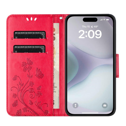 For iPhone 16 Butterfly Flower Pattern Flip Leather Phone Case(Red) - iPhone 16 Cases by buy2fix | Online Shopping UK | buy2fix