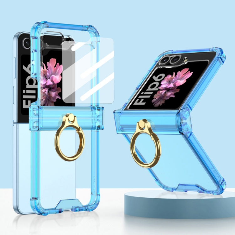 For Samsung Galaxy Z Flip6 Gkk Airbag Hinge Silicone Phone Case with Ring Holder & Tempered Film(Transparent Blue) - Galaxy Z Flip6 5G Cases by GKK | Online Shopping UK | buy2fix