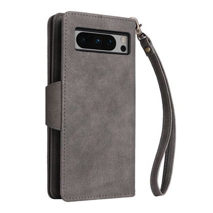 For Google Pixel 8 Pro Rivet Buckle 9 Cards Three Fold Leather Phone Case(Grey) - Google Cases by buy2fix | Online Shopping UK | buy2fix