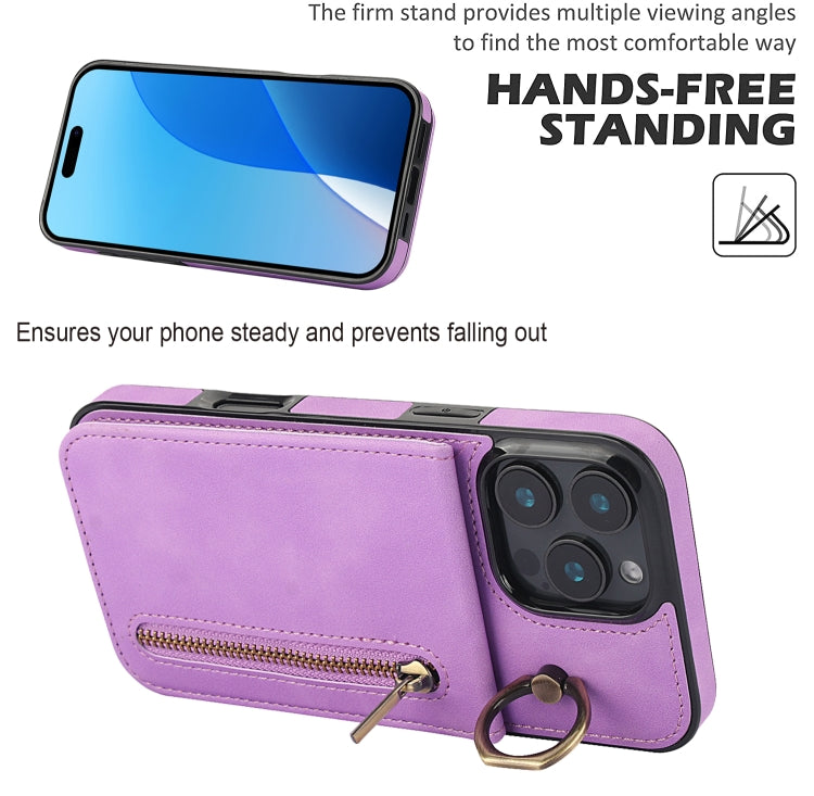 For iPhone 16 Pro Retro Ring and Zipper RFID Card Slot Phone Case(Purple) - iPhone 16 Pro Cases by buy2fix | Online Shopping UK | buy2fix