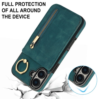 For iPhone 16 Retro Ring and Zipper RFID Card Slot Phone Case(Blue) - iPhone 16 Cases by buy2fix | Online Shopping UK | buy2fix