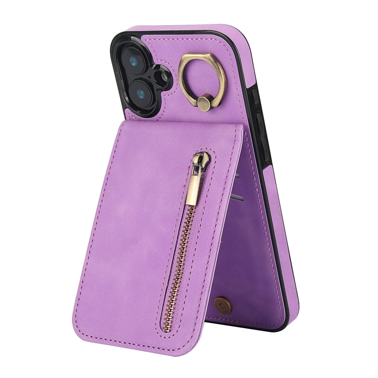 For iPhone 16 Retro Ring and Zipper RFID Card Slot Phone Case(Purple) - iPhone 16 Cases by buy2fix | Online Shopping UK | buy2fix