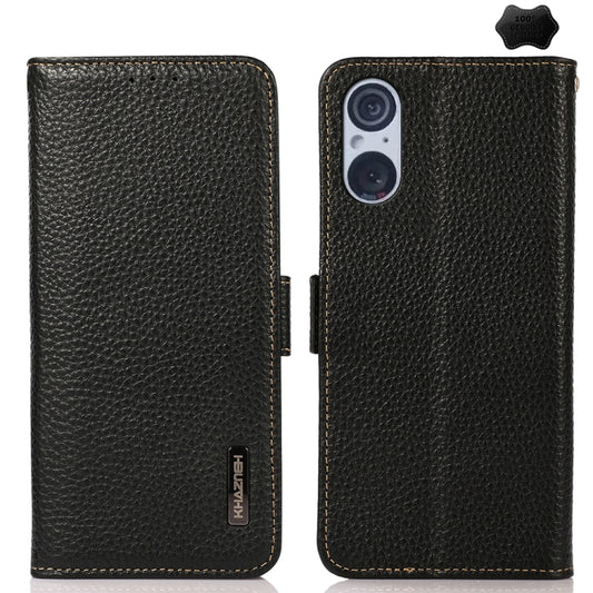 For Sony Xperia 5 V KHAZNEH Side-Magnetic Litchi Genuine Leather RFID Case(Black) - Sony Cases by buy2fix | Online Shopping UK | buy2fix