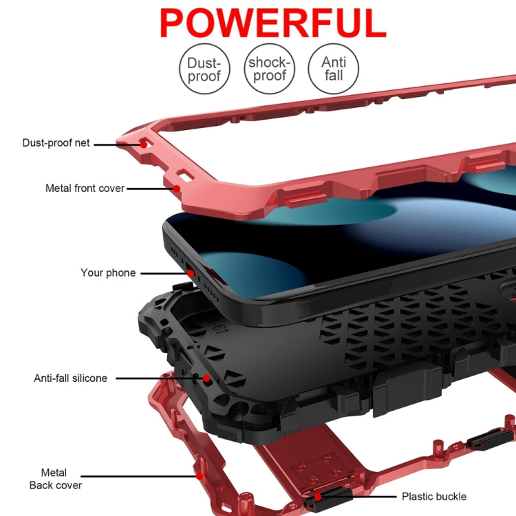 For iPhone 15 R-JUST Metal + Silicone + Tempered Glass Life Waterproof Phone Case with Holder(Red) - iPhone 15 Cases by R-JUST | Online Shopping UK | buy2fix