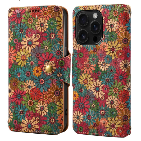 For iPhone 16 Pro Max Denior Flower Language Series Cork Fabric Oil Edge Leather Phone Case(Spring) - iPhone 16 Pro Max Cases by Denior | Online Shopping UK | buy2fix