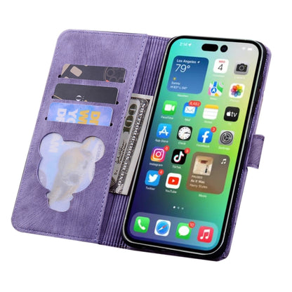 For iPhone 16 Pro Cartoon Sakura Cat Embossed Leather Phone Case(Purple) - iPhone 16 Pro Cases by buy2fix | Online Shopping UK | buy2fix