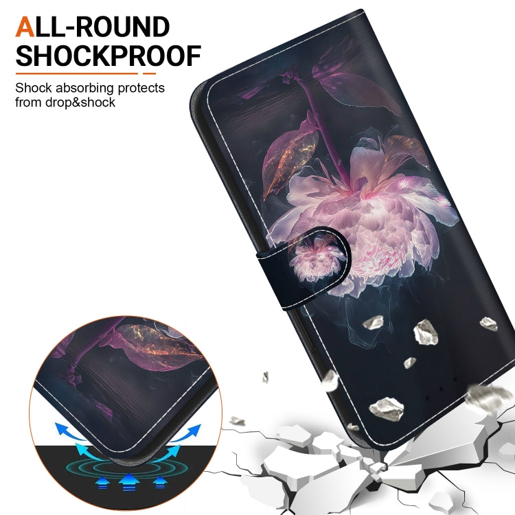 For iPhone 16e Crystal Texture Colored Drawing Leather Phone Case(Purple Peony) - iPhone 16e Cases by buy2fix | Online Shopping UK | buy2fix