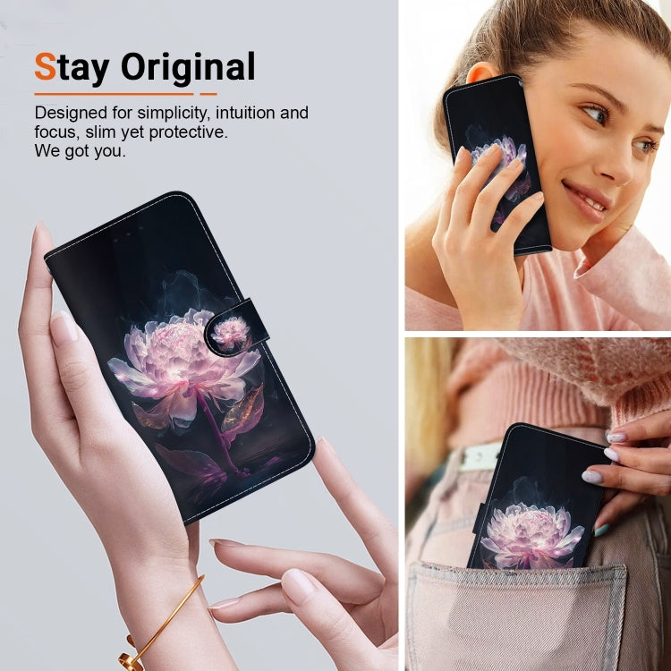 For iPhone 16 Pro Max Crystal Texture Colored Drawing Leather Phone Case(Purple Peony) - iPhone 16 Pro Max Cases by buy2fix | Online Shopping UK | buy2fix