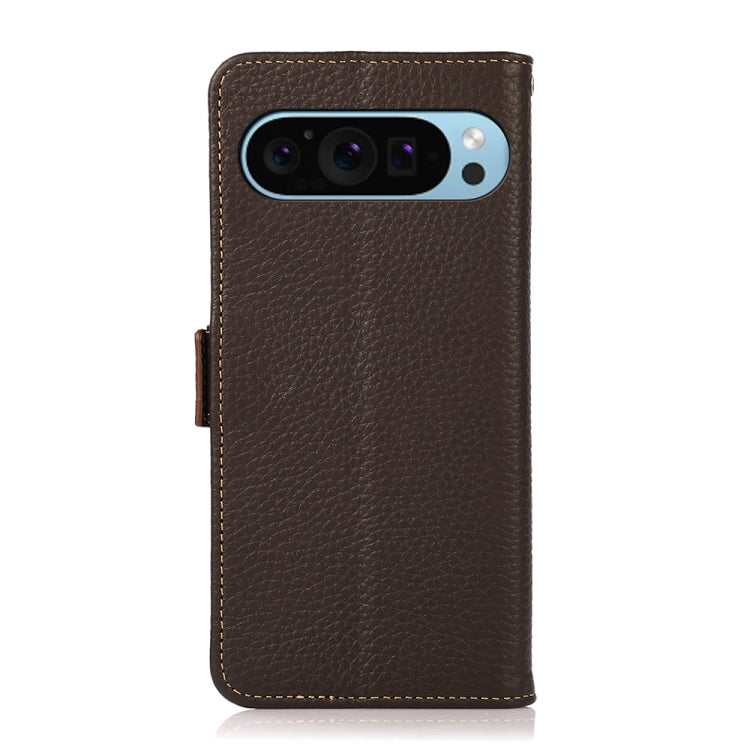 For Google Pixel 9 KHAZNEH Side-Magnetic Litchi Genuine Leather RFID Phone Case(Brown) - Google Cases by buy2fix | Online Shopping UK | buy2fix