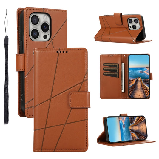 For iPhone 16 Pro PU Genuine Leather Texture Embossed Line Phone Case(Brown) - iPhone 16 Pro Cases by buy2fix | Online Shopping UK | buy2fix