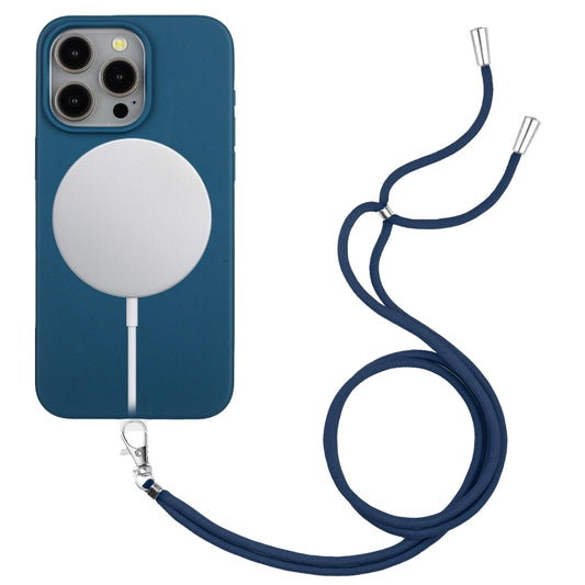 For iPhone 14 Pro Wheat MagSafe Magnetic Straw Material + TPU Phone Case with Lanyard(Blue) - iPhone 14 Pro Cases by buy2fix | Online Shopping UK | buy2fix