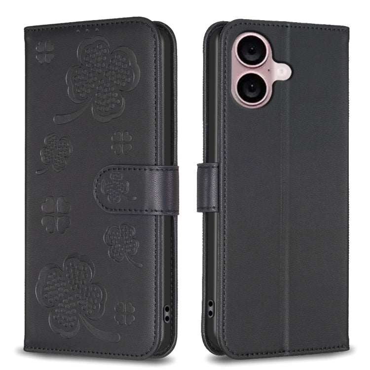 For iPhone 16 Plus Four-leaf Embossed Leather Phone Case(Black) - iPhone 16 Plus Cases by buy2fix | Online Shopping UK | buy2fix