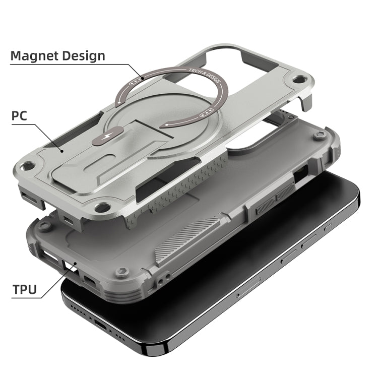 For iPhone 14 Pro MagSafe Holder Armor PC Hybrid TPU Phone Case(Grey) - iPhone 14 Pro Cases by buy2fix | Online Shopping UK | buy2fix