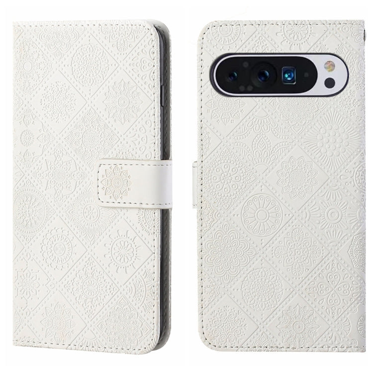 For Google Pixel 9 / 9 Pro Ethnic Style Embossed Pattern Leather Phone Case(White) - Google Cases by buy2fix | Online Shopping UK | buy2fix