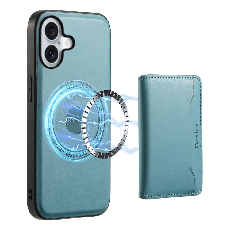 For iPhone 16 Denior Cowhide Texture Leather MagSafe Detachable Wallet Phone Case(Blue) - iPhone 16 Cases by Denior | Online Shopping UK | buy2fix