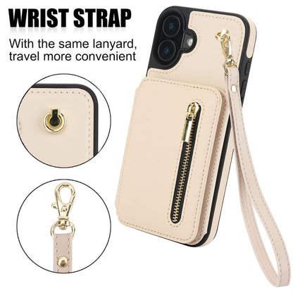 For iPhone 16 Plus YM006 Skin Feel Zipper Card Bag Phone Case with Dual Lanyard(Apricot) - iPhone 16 Plus Cases by buy2fix | Online Shopping UK | buy2fix