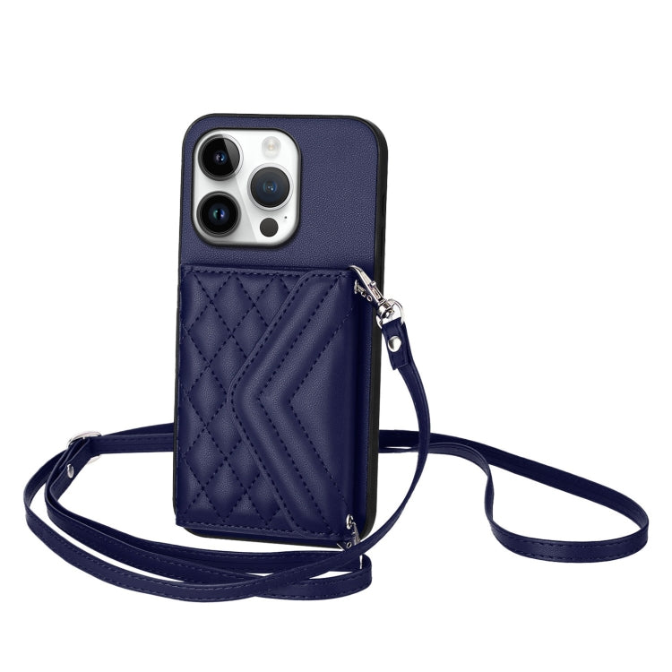 For iPhone 16 Pro Rhombic Texture Card Bag RFID Phone Case with Long Lanyard(Blue) - iPhone 16 Pro Cases by buy2fix | Online Shopping UK | buy2fix