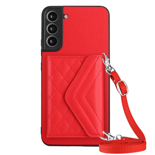 For Samsung Galaxy S22 5G Rhombic Texture Card Bag RFID Phone Case with Long Lanyard(Red) - Galaxy S22 5G Cases by buy2fix | Online Shopping UK | buy2fix