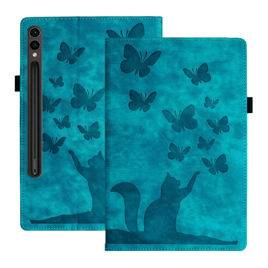 For Samsung Galaxy Tab S9 Ultra / S8 Ultra Butterfly Cat Embossing Leather Tablet Case(Sky Blue) - Galaxy Tab S9 Ultra Cases by buy2fix | Online Shopping UK | buy2fix