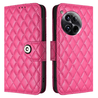 For OnePlus 12 5G Global Rhombic Texture Flip Leather Phone Case with Lanyard(Rose Red) - OnePlus Cases by buy2fix | Online Shopping UK | buy2fix