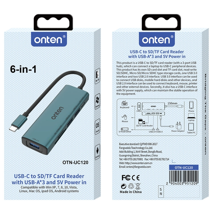 Onten UC120 6 in 1 USB-C to SD / TF Card Reader with 3-Ports USB HUB & 5V Input - USB HUB by Onten | Online Shopping UK | buy2fix