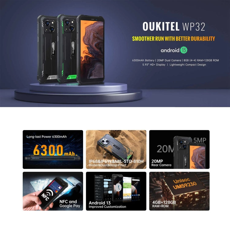 Oukitel WP32, 4GB+128GB, IP68/IP69K, 5.93 inch Android 13 Unisoc Tiger T606 Octa-core, NFC, OTG, Network: 4G(Green) - OUKITEL by OUKITEL | Online Shopping UK | buy2fix