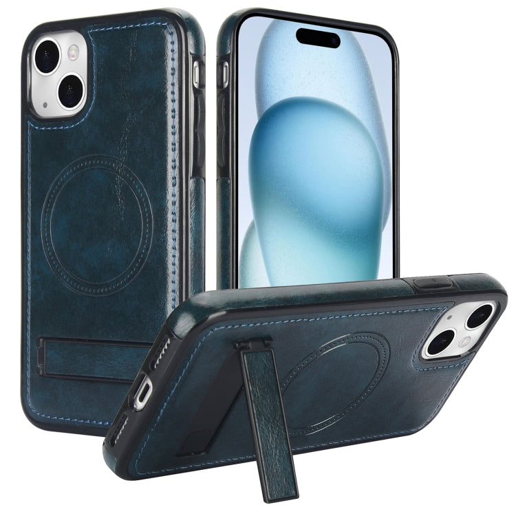 For iPhone 15 Retro Leather Invisible Stand MagSafe Phone Case(Blue) - iPhone 15 Cases by buy2fix | Online Shopping UK | buy2fix