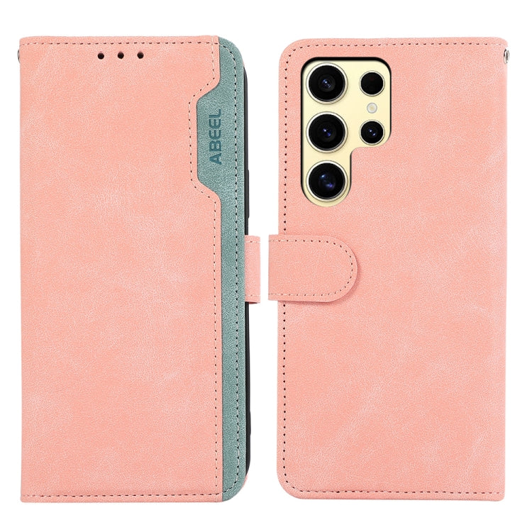 For Samsung Galaxy S21 Ultra 5G ABEEL Color Block Magnetic RFID Leather Phone Case(Pink-Cyan) - Galaxy S21 Ultra 5G Cases by buy2fix | Online Shopping UK | buy2fix