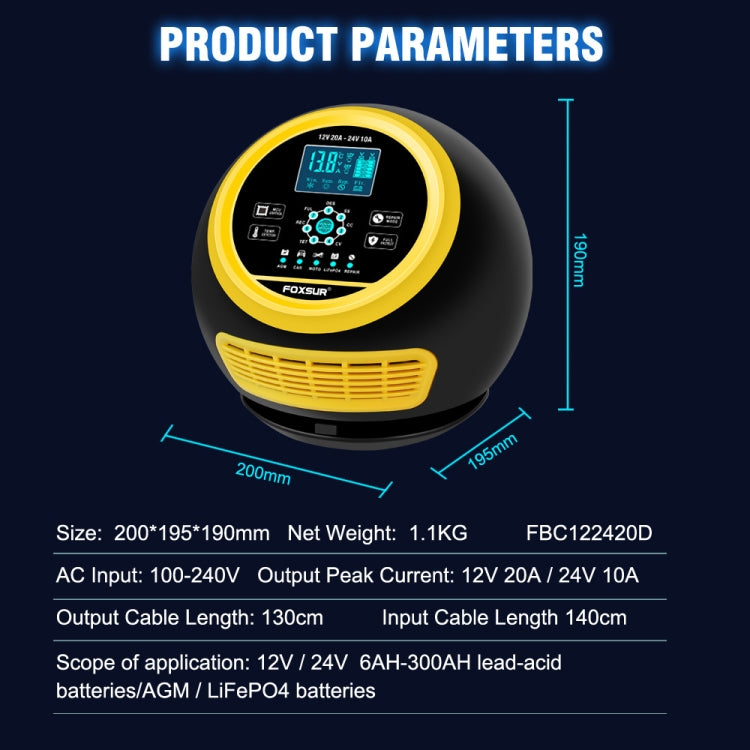 FOXSUR 20A 12V 24V Car / Motorcycle Smart Battery Charger, Plug Type:UK Plug(Yellow) - Battery Charger by FOXSUR | Online Shopping UK | buy2fix