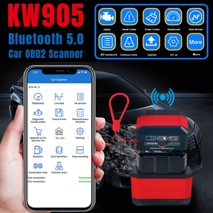 KONNWEI KW905 Bluetooth 5.0 Car OBD2 Scanner Support Android & iOS(Black Red) - Code Readers & Scan Tools by KONNWEI | Online Shopping UK | buy2fix