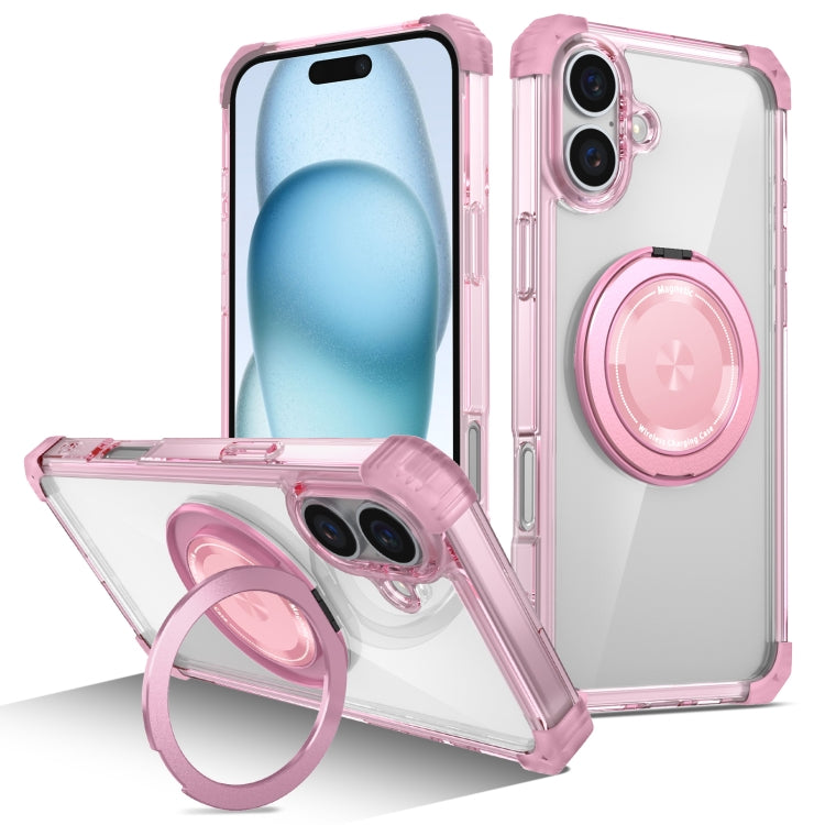 For iPhone 16 Plus Gold Shield CD Pattern MagSafe Magnetic Phone Case with Rotating Stand(Transparent Pink) - iPhone 16 Plus Cases by buy2fix | Online Shopping UK | buy2fix