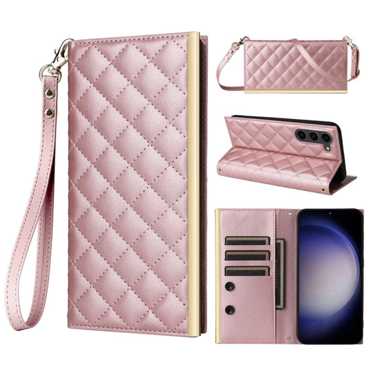 For Samsung Galaxy S23+ 5G Crossbody Rhombic Sucker Leather Phone Case(Rose Gold) - Galaxy S23+ 5G Cases by buy2fix | Online Shopping UK | buy2fix