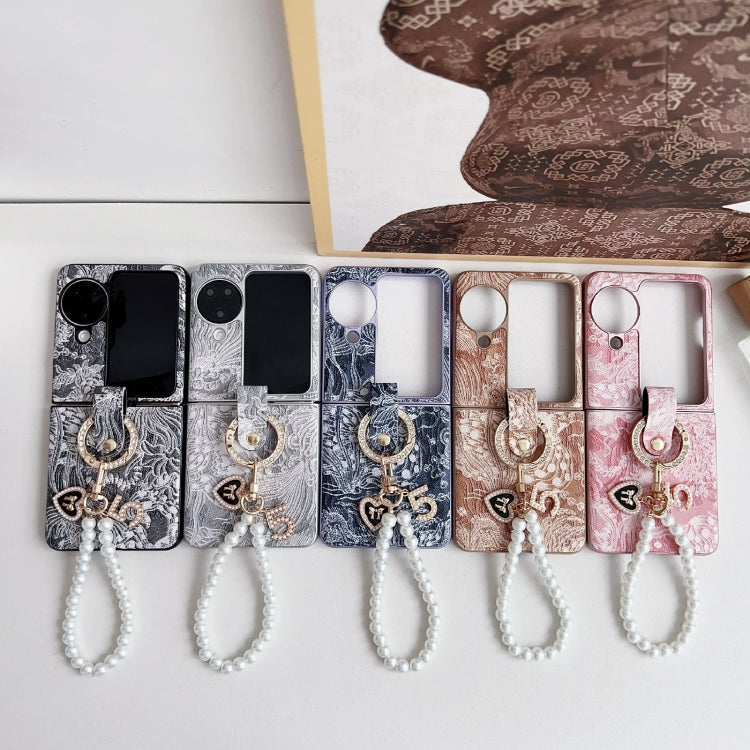 For OPPO Find N3 Flip Embroidery Style Full Coverage Phone Case with Ring Bead Chain(Grey) - Find N3 Flip Cases by buy2fix | Online Shopping UK | buy2fix