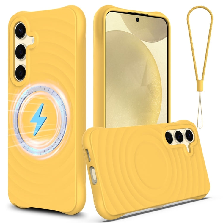 For Samsung Galaxy S25 5G Wave Texture MagSafe Magnetic Liquid Silicone Phone Case(Yellow) - Galaxy S25 5G Cases by buy2fix | Online Shopping UK | buy2fix