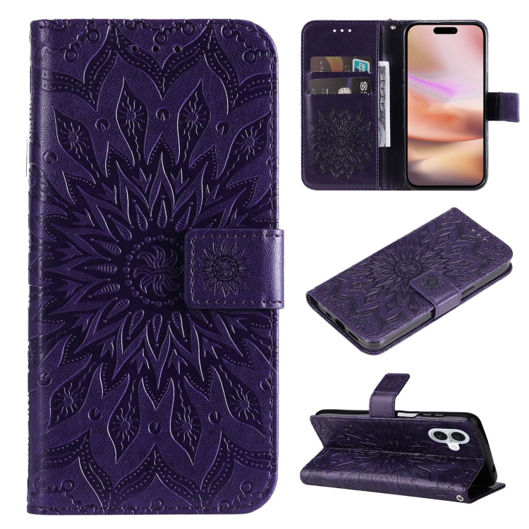 For iPhone 16 Plus Embossed Sunflower Pattern Flip Leather Phone Case(Purple) - iPhone 16 Plus Cases by buy2fix | Online Shopping UK | buy2fix