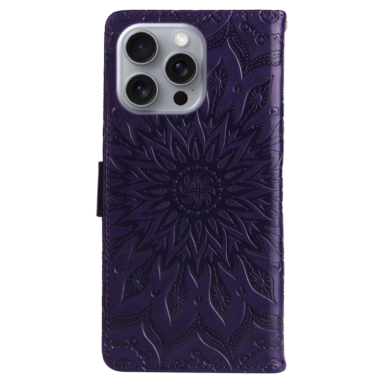 For iPhone 16 Pro Max Embossed Sunflower Pattern Flip Leather Phone Case(Purple) - iPhone 16 Pro Max Cases by buy2fix | Online Shopping UK | buy2fix