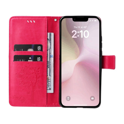 For iPhone SE 2024 Tree & Cat Embossed Pattern Flip Leather Phone Case(Rose Red) - More iPhone Cases by buy2fix | Online Shopping UK | buy2fix