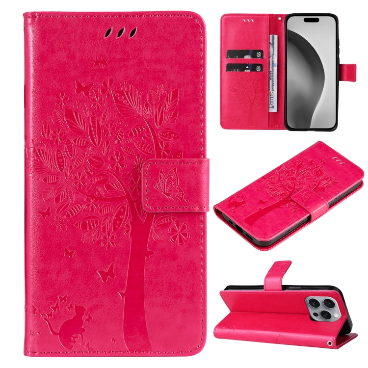 For iPhone 16 Pro Max Tree & Cat Embossed Pattern Flip Leather Phone Case(Rose Red) - iPhone 16 Pro Max Cases by buy2fix | Online Shopping UK | buy2fix