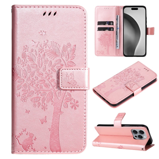 For iPhone 16 Pro Max Tree & Cat Embossed Pattern Flip Leather Phone Case(Rose Gold) - iPhone 16 Pro Max Cases by buy2fix | Online Shopping UK | buy2fix