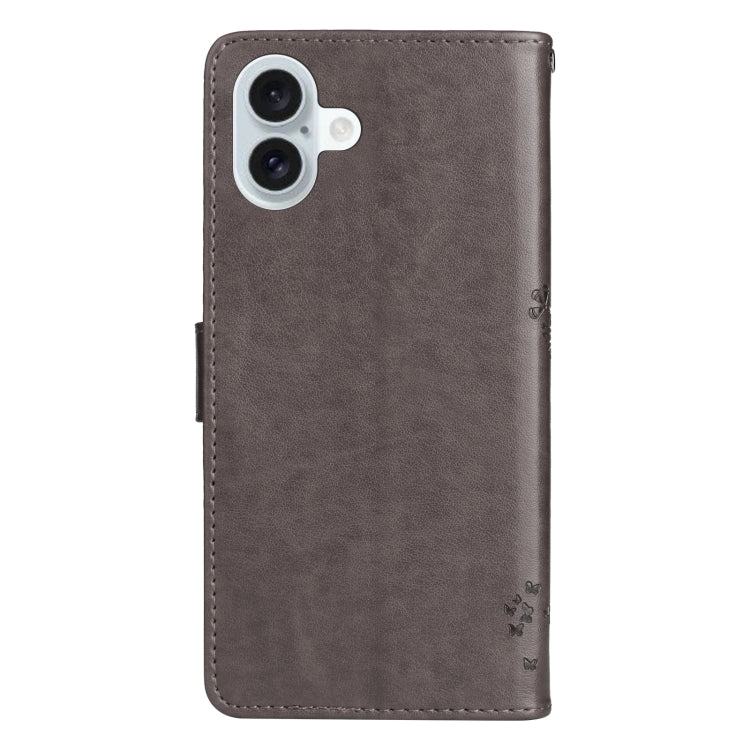 For iPhone 16 Plus Tree & Cat Embossed Pattern Flip Leather Phone Case(Grey) - iPhone 16 Plus Cases by buy2fix | Online Shopping UK | buy2fix