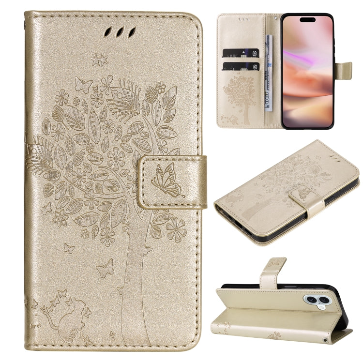 For iPhone 16 Plus Tree & Cat Embossed Pattern Flip Leather Phone Case(Gold) - iPhone 16 Plus Cases by buy2fix | Online Shopping UK | buy2fix